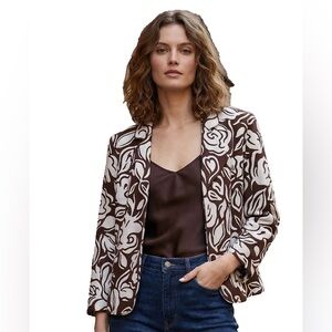 Talbot's Blazer Jacket Womens Size 14 Brown/White Hook & Eye Closure Linen Blend